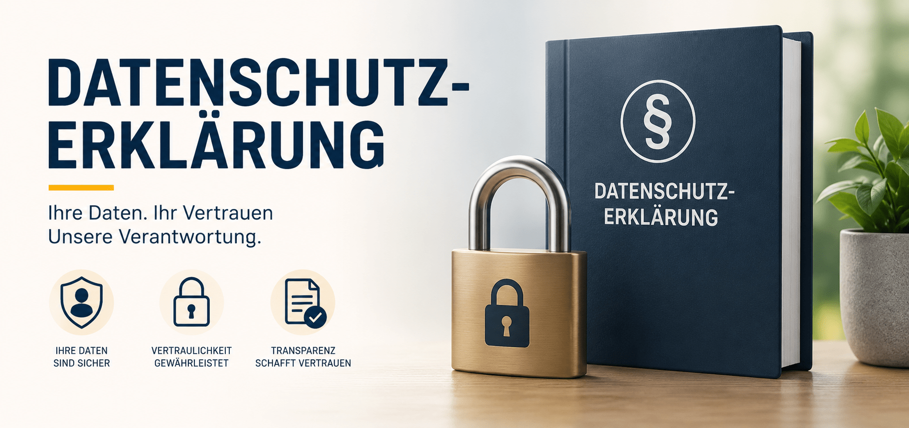 Datenschutzerklärung mit Vorhängeschloss und Dokument als Symbol für Datenschutz, Datensicherheit und den Schutz personenbezogener Daten.